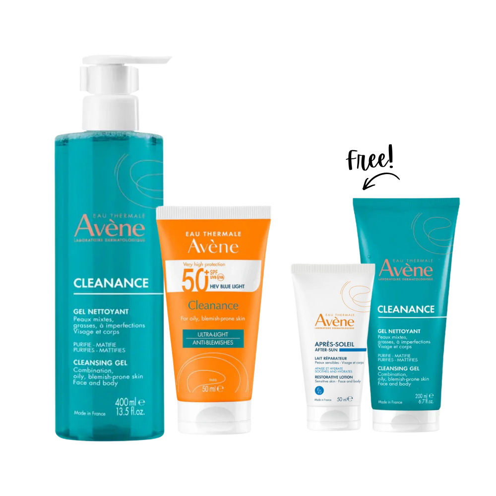Buy Avène Cleanance SPF 50+ Anti-Blemish Sunscreen 50mL + Cleanance Cleansing Gel 400 ML & Get Free Cleanance Cleansing Gel 200 ML + Free After-Sun Repair Lotion